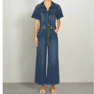We The Free Edison Wide Leg Coverall Womens Large Blue Denim Jumpsuit Belt